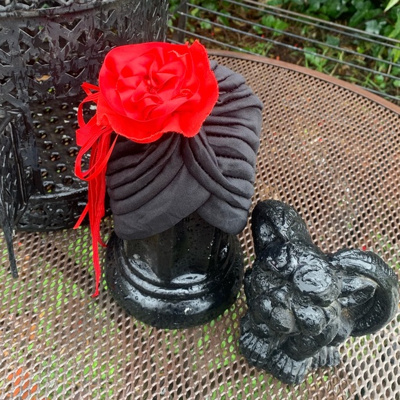 Hand Crafted Accessories - Cloche hat in black with a raw edged fabric flower pin by kreativekristen